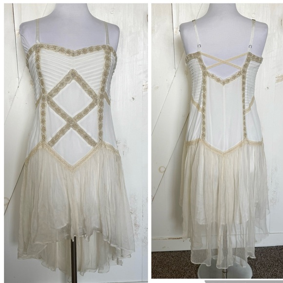 Free People Beaded Lace Cream High Low Dress Boho Wedding Festival Medium Large - Picture 10 of 13
